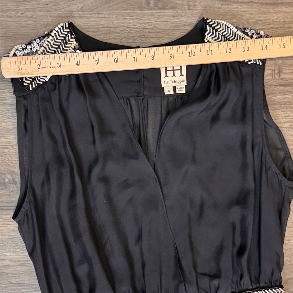 Haute Hippie Jumpsuit 4 Black Silk Beaded Wide Leg Boho Luxe Y2K Formal Glam - Picture 4 of 14